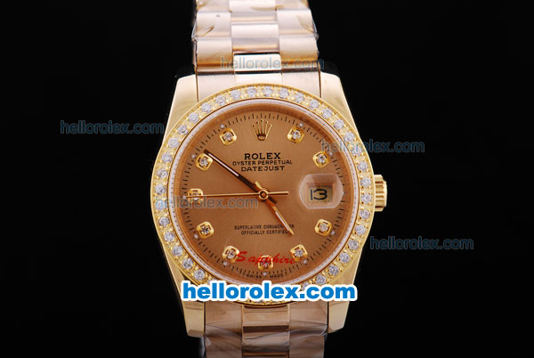 Rolex Datejust Automatic Full Rose Gold with Diamond Bezel-Khaki Dial and Diamond Marking - Click Image to Close